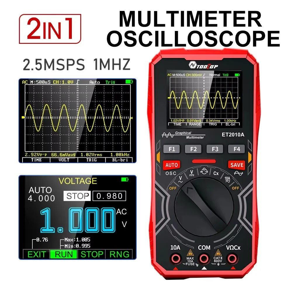TOOLTOP ET2010A Oscilloscopio digitale con larghezza di banda da 2,4 pollici 1 MHz 4000 conteggi Multimetro Ture-RMS Oscilloscopio portatile con misurazione automatica