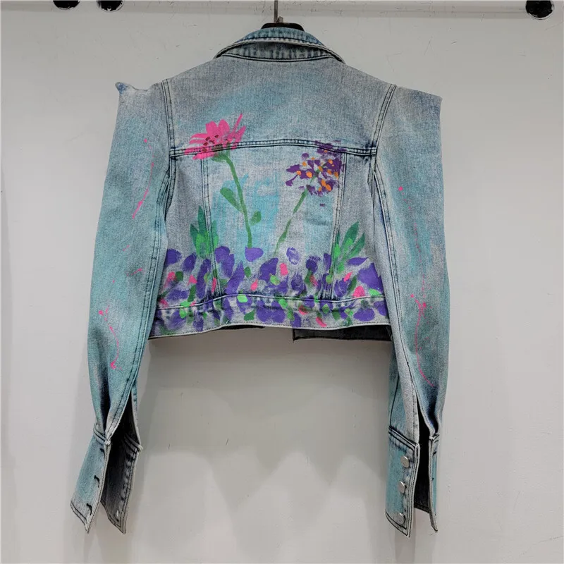 Vintage Blue Hand Paint Denim Jacket Women High Waisted Slim Short Cowboy Outerwear Spring Autumn Korean Jeans Jackets Female