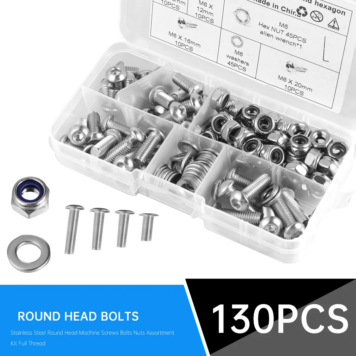 

Stainless Steel Round Head Machine Bolts Nuts Assortment Full Thread Hexagon Screws Transparent Storage Case Hardware