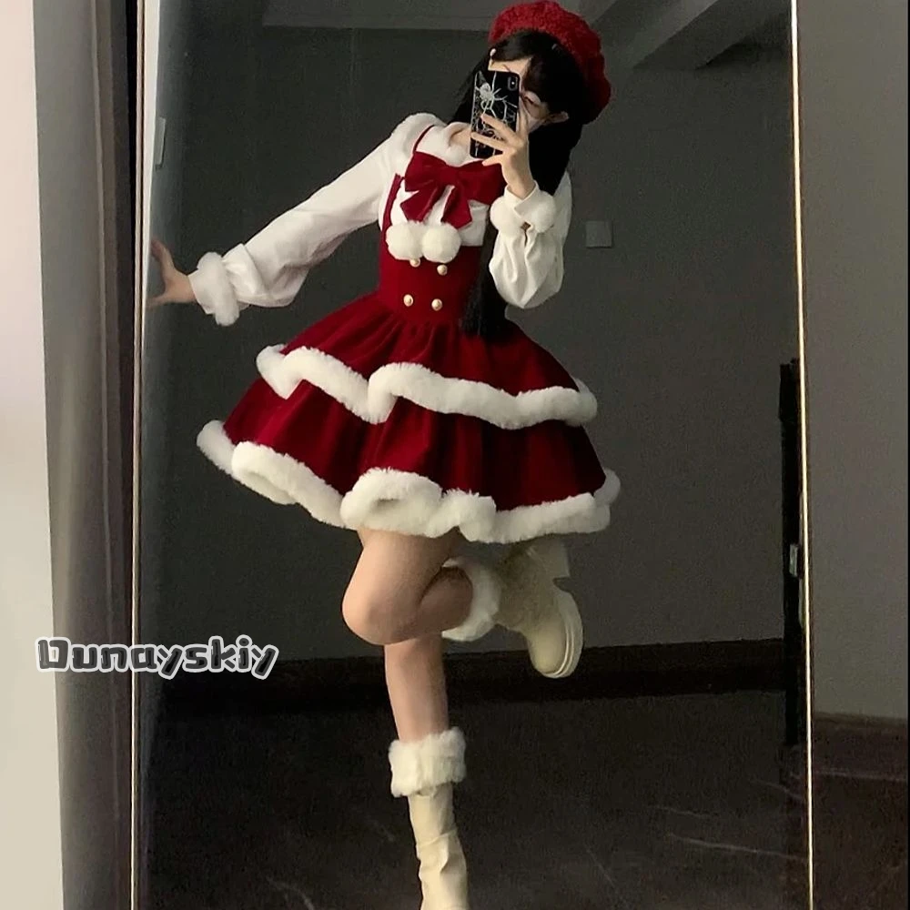 Disfraz de Cosplay de Lolita de Navidad {Anna zhang Online} camisa vestido rojo con correas dulce muñeca de ensueño Retro vestido de mujer Halloween