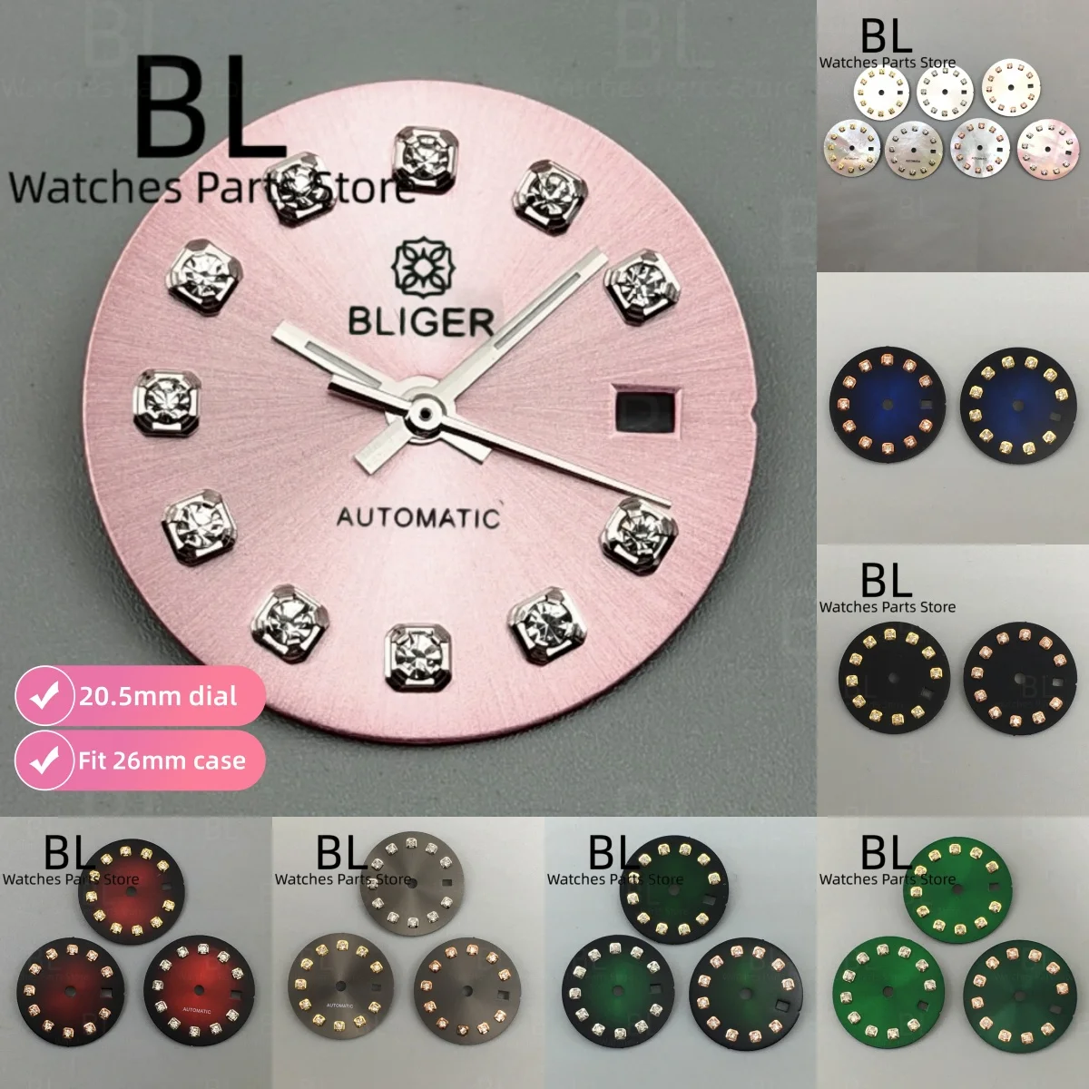 BLIGER 20.5mm Sunburst Pink Lady's Watch Dial Decorated GEMS Index Fit 26mm Case For NH05 Movement Women Watch Accessories Parts