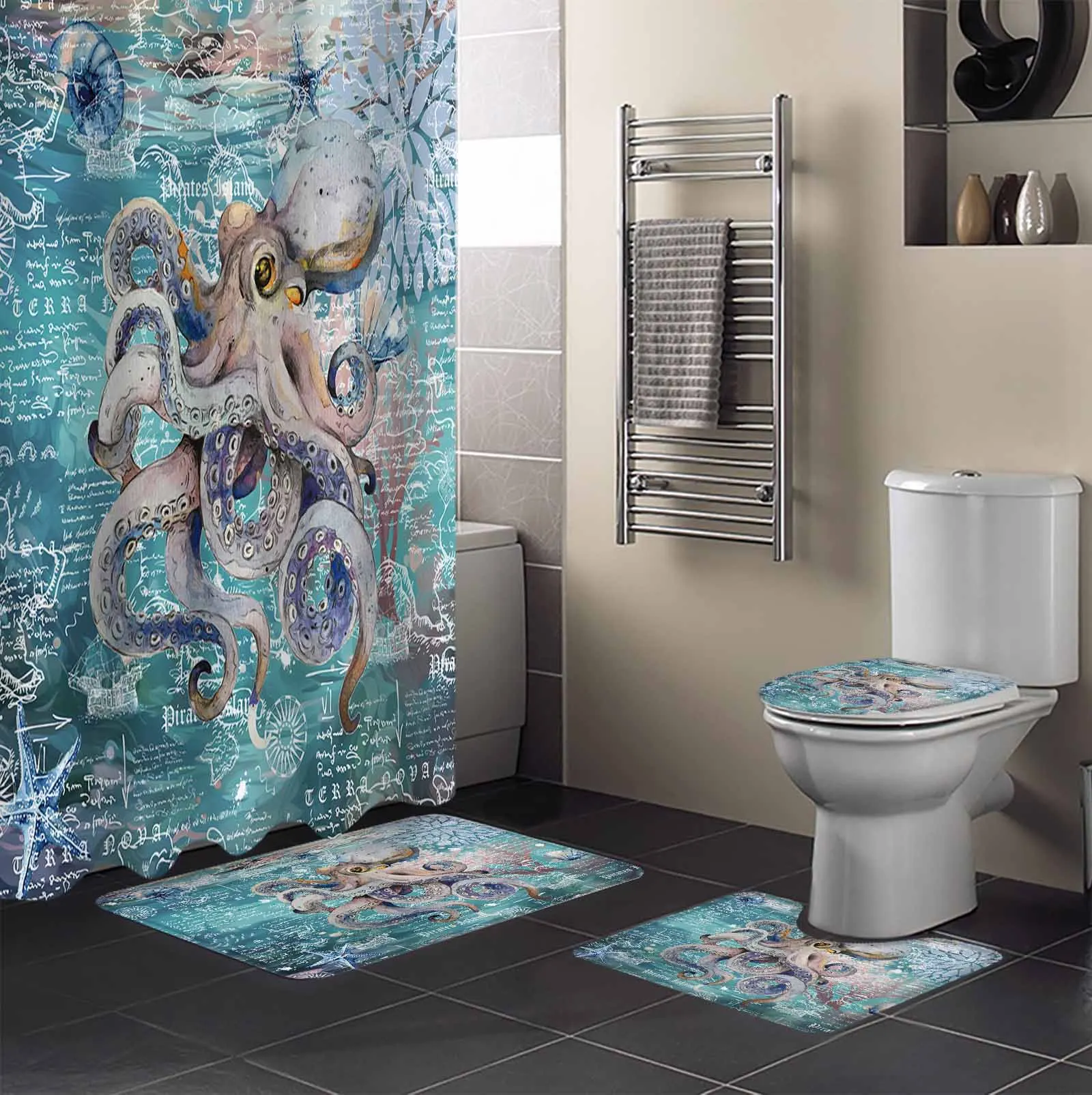 Ocean Octopus Starfish Shower Curtain Non-Slip Rugs Toilet Lid Cover and Bath Mat Bathroom Curtains with Hooks