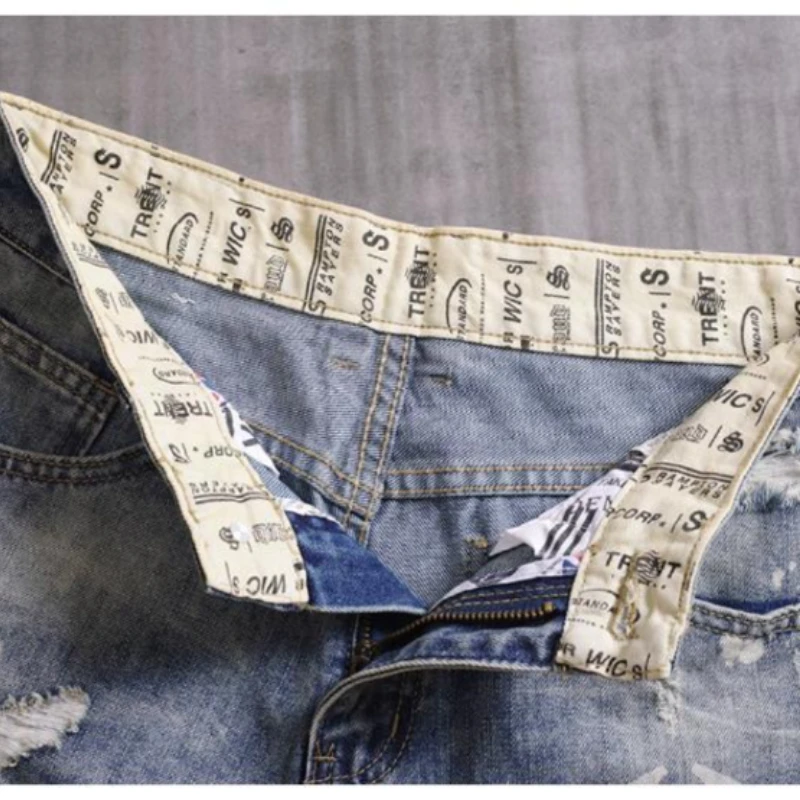 Men\'s Denim Shorts With Holes Washed Korean Style Straight Quarter Patch Casual Jeans