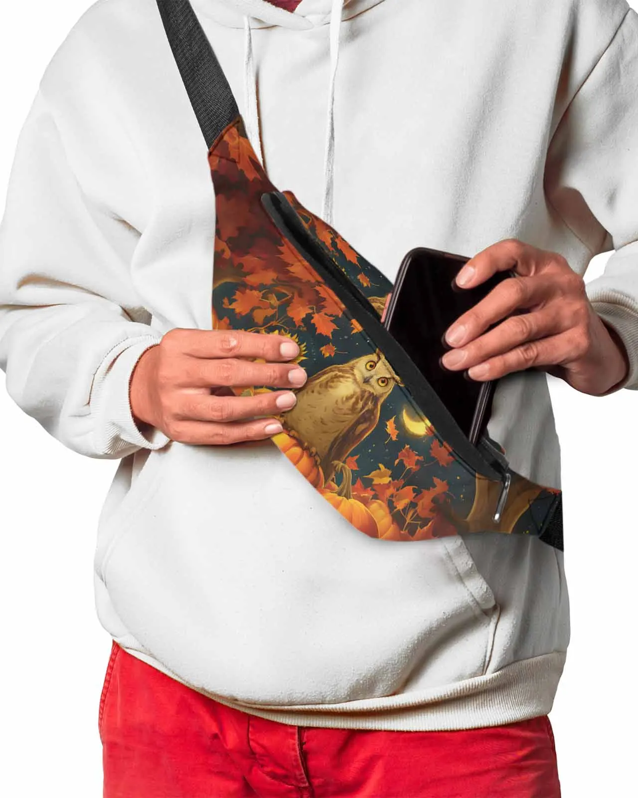 Autumn Pumpkin Maple Leaf Sunflower Owl Night Moon Waist Bag Fanny Pack Belt Bag Wallet Pouch Waterproof Banana Hip Bags