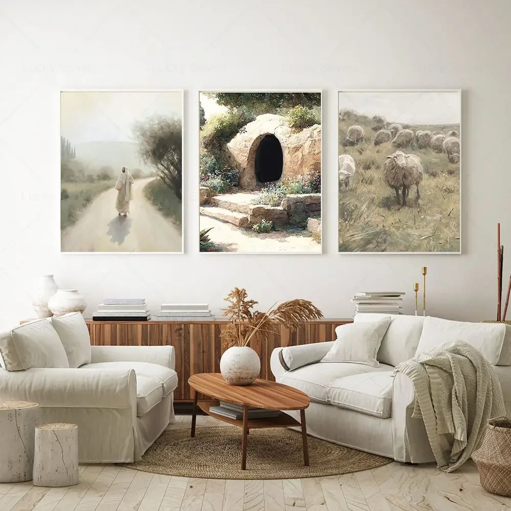 معرض كريستيان جدار الفن المخلص يسوع المشارك إيمانويل طباعة الأغنام رعي المشهد قماش اللوحة البلد غرفة المعيشة ديكور
