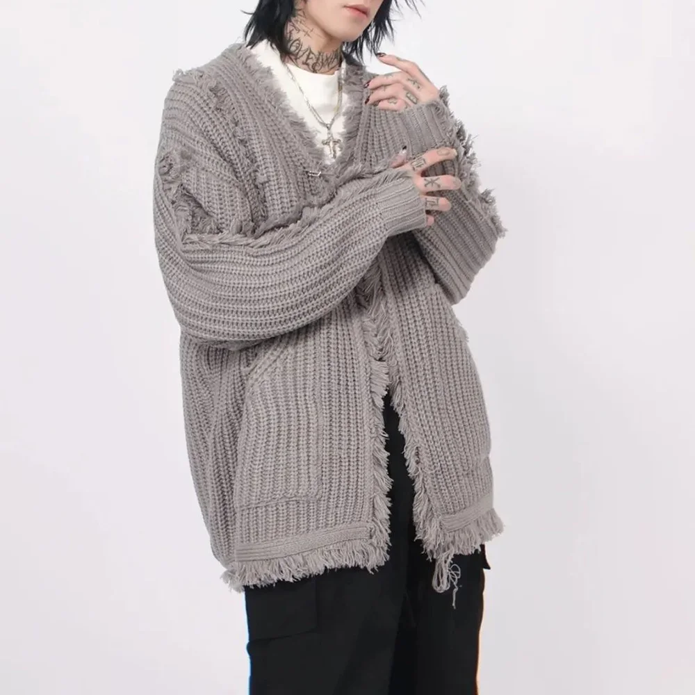 Y2k Mens Sweater Irregular Tassel Design Knitted Jacket Autumn Casual Versatile Atmosphere Solid Color Top Men\'s Clothing Unisex