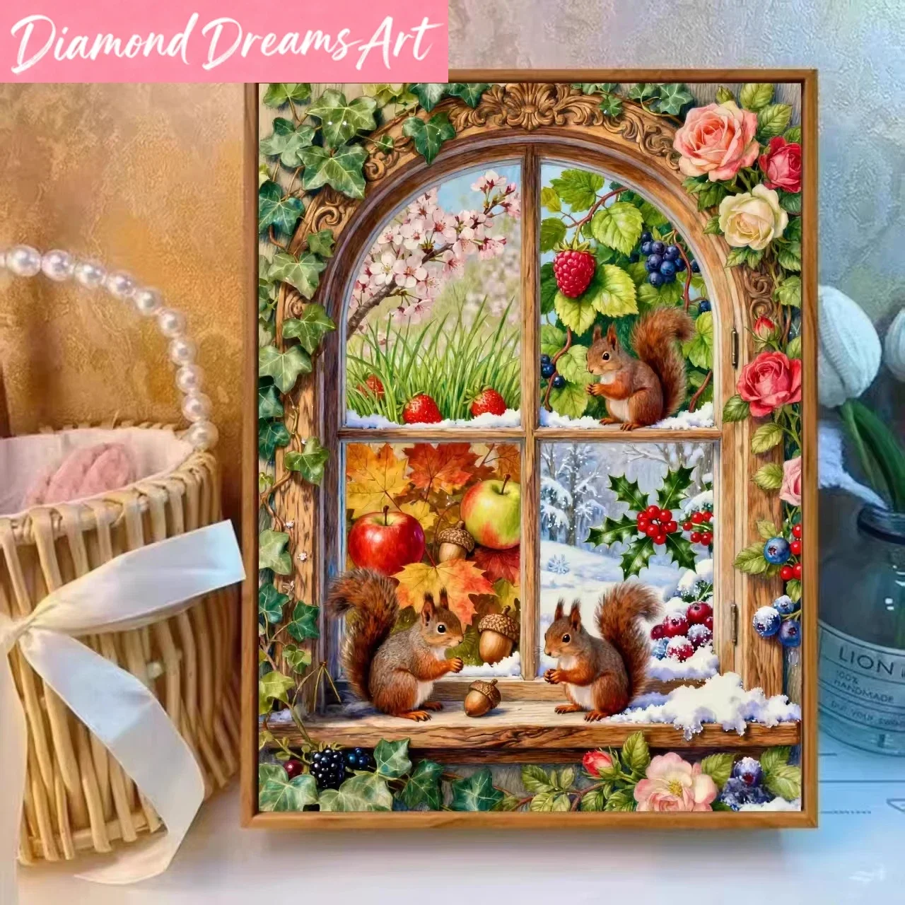 Frameless,Four Season Squirrel Animal Design 5D DIY Diamond Painting Kit For Home Decor Crafts Gift Mosaic Full Drill Canvas Art