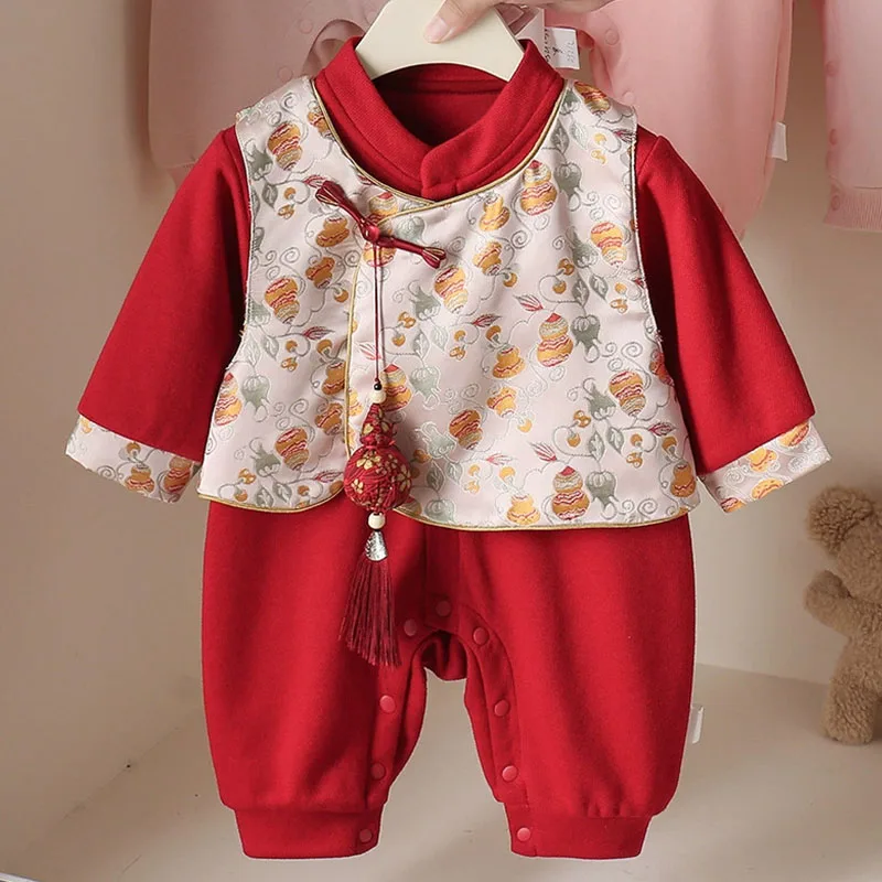 

2Piece Spring Autumn Girl Clothes Chinese Style New Year Baby Outfit Embroidery Cute Red Tops+Jumpsuits Newborn Photography B192