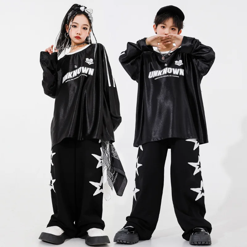 子供 Kpop ヒップホップ服反射印刷トップスストリート黒パンツスター付きガールズボーイズジャズダンス衣装服