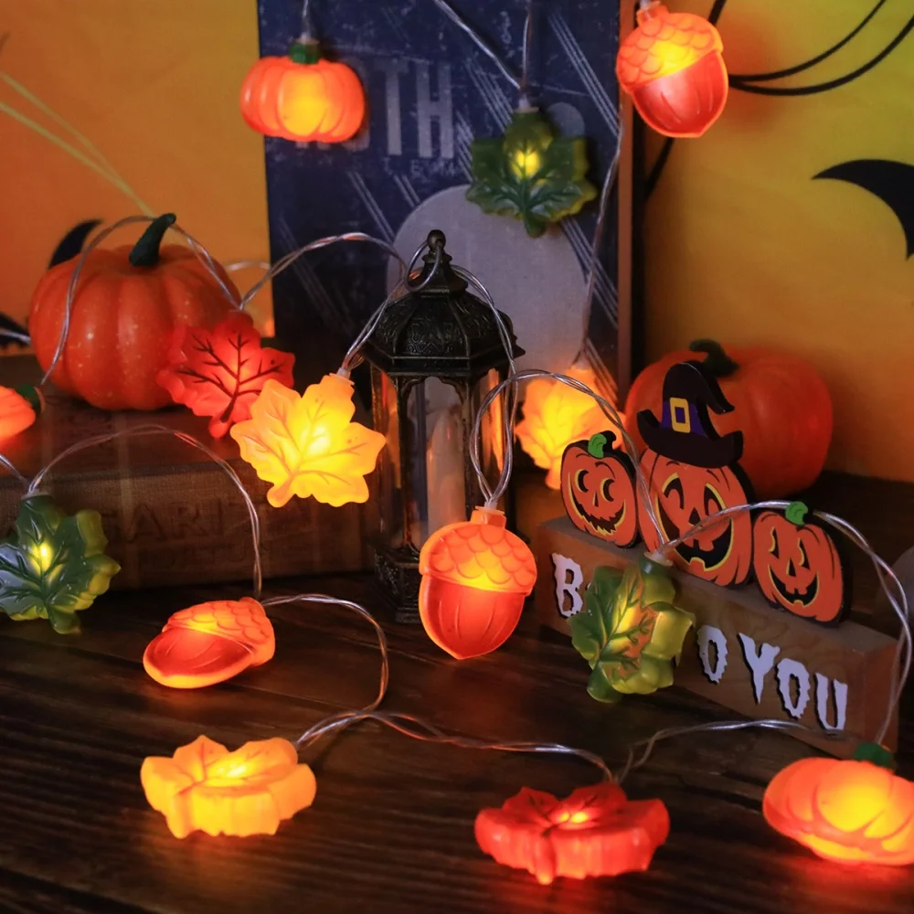 Autumn Fall Festival LED Fairy String Lights with Maple Leaves Pumpkins and Acorns for Porch Balcony Fence Backyard Party Decor