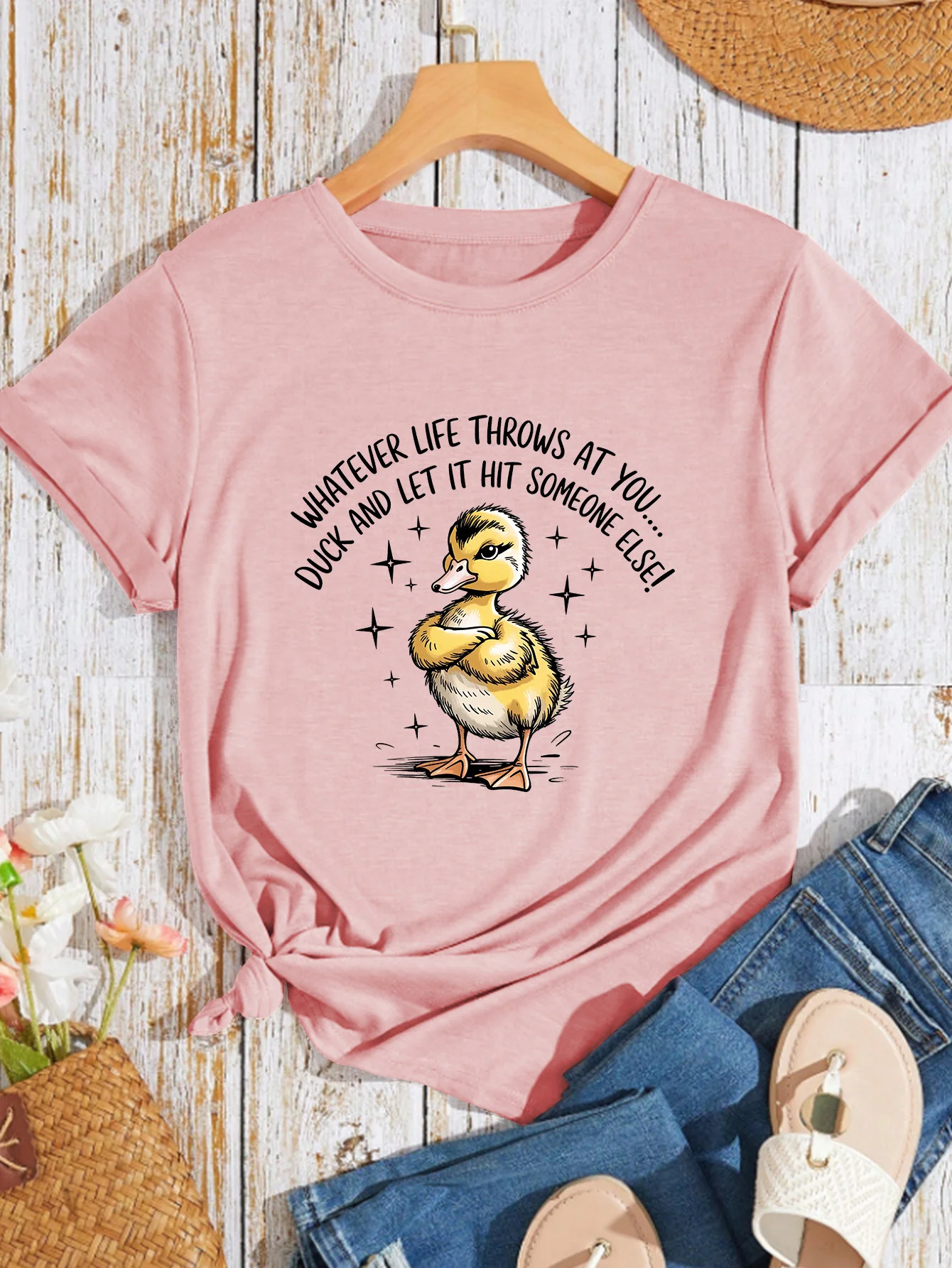 Simple Temperament New Fun Duck Print Round Neck Daily Casual Fashion Retro Style Summer Casual T-shirt