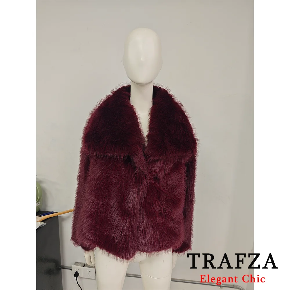 TRAFZA-Women Fashion Winter Solid  Big Lapel Coat Faux Fur Coat Jacket New 2024 Autumn Winter Slouchy Burgundy Black Gray Coat