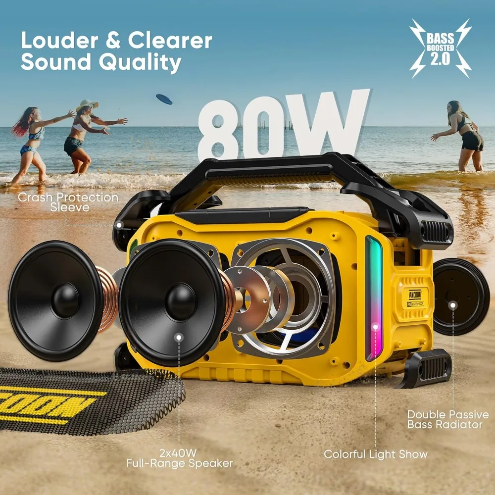 Speakers Bluetooth Wireless: 80W(Peak) Loud Speaker with Bass, 20H Playtime, IPX6 Waterproof, Large Jobsite Speakers