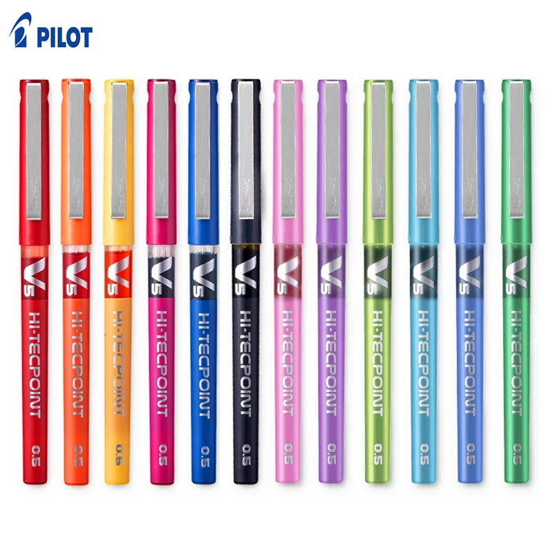 Japan Pilot V5 Hi-Tecpoint 0.5mm Extra Fine Pure Liquid Ink Rollerball Pen, 12 Assorted Colors Needle Tip Rolling Ball Gel Pens