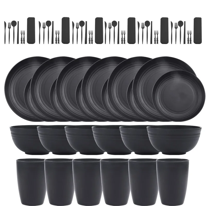 

30/32 pc/set of black wheat straw PP tableware,including household plates,soup bowls,cupsand plates, reusable tableware