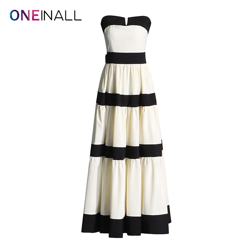 ONEINALL Patchwork Bowknot Hit Color Dresses For Women Strapless Sleeveless Backless High Waist Temperament Striped Dress Female