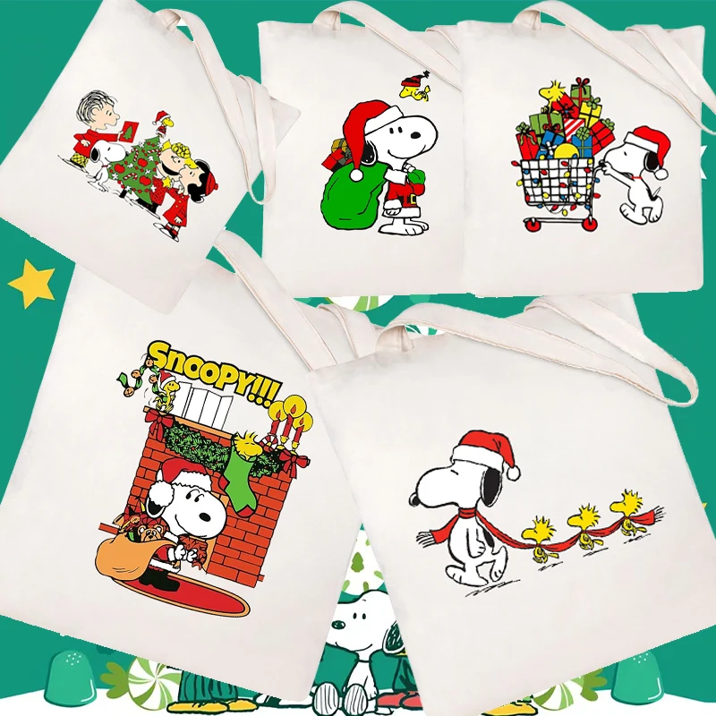 

Холщовая сумка для покупок с рисунком Снупи, Рождество, аниме, кавайная милая большая вместительная повседневная сумка-шоппер, праздничные подарки