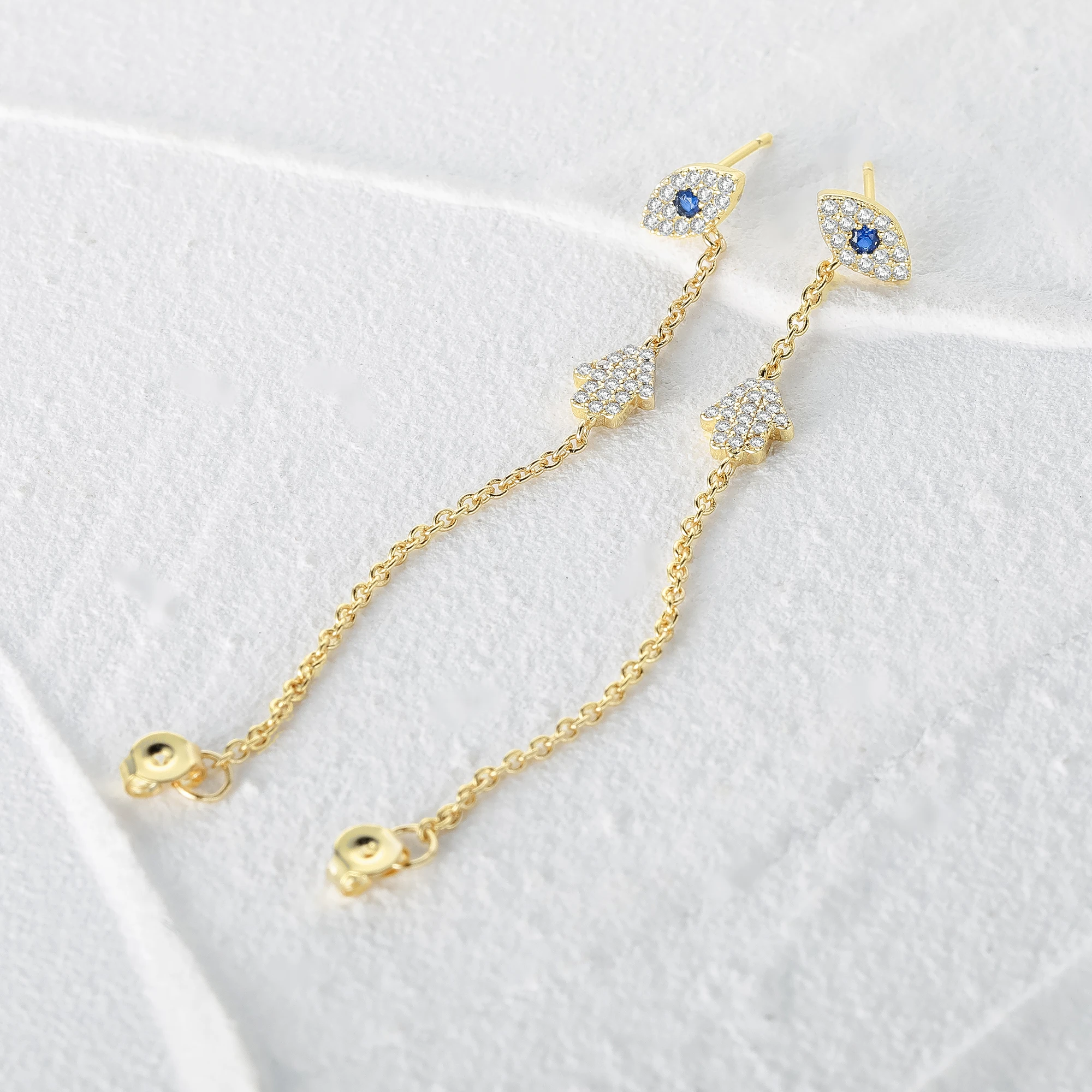 GS 18K Gold Plated Evil Eye Hamsa Hand Palm Charm Dangle Earrings For Women Zircon Pave Long Chain Tassel Earrings