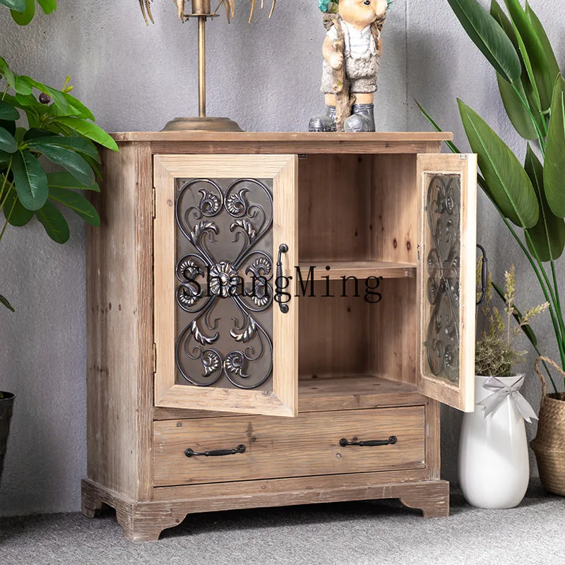 

SM retro solid wood dining side cabinet living room against the wall wrought iron storage storage elm glass cabinet