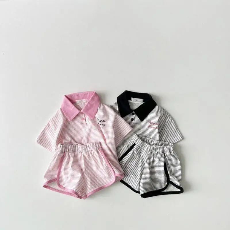 Summer New Baby Short Sleeve Lapel T Shirts Shorts Clothes Set Striped Children 2pcs Suit Kids Girls Polo Shirts Outfits