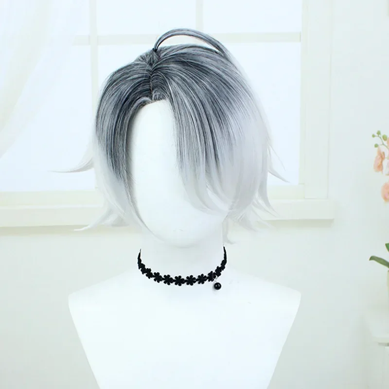 Perruque synthétique en fibre pour cosplay Emil Identity V, perruque courte grise dégradée en blanc pour le jeu Identity V