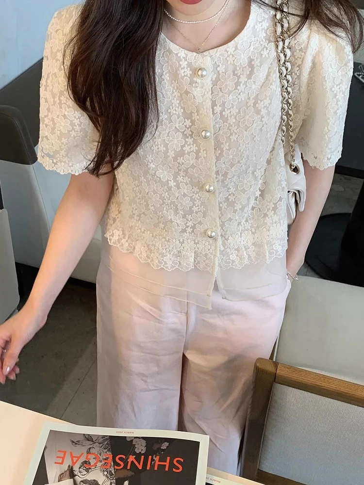 Blusa E de Verano con Bordado de Perlas, Encaje Elabo, Manga Corta, Diseño Versátil con Flores y Gancho, Estilo Co...