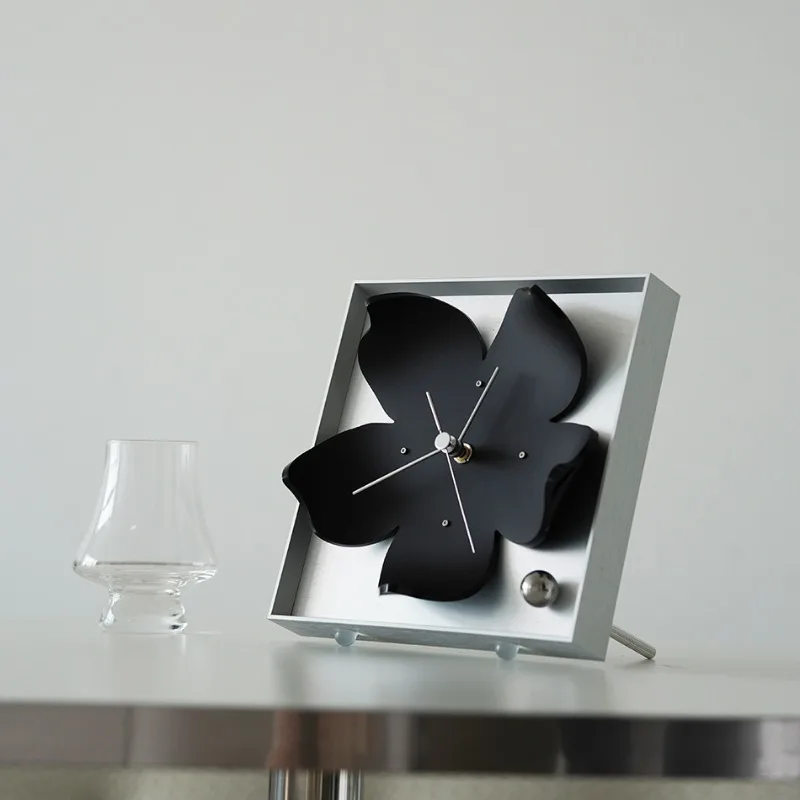 Nordic Minimalist Wall Clock Black Cherry Silent Timepiece Modern Geometric Flower Decor Contemporary Living Room Table Clocks - Image 2