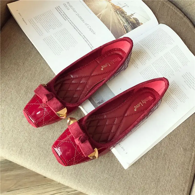 Japanned Lederen Antislip Flats Vrouwen Stevige Ondiepe Ballerina Plus Size35-41 Kantoorschoenen Dames Vierkante Neus Strik Mocassins