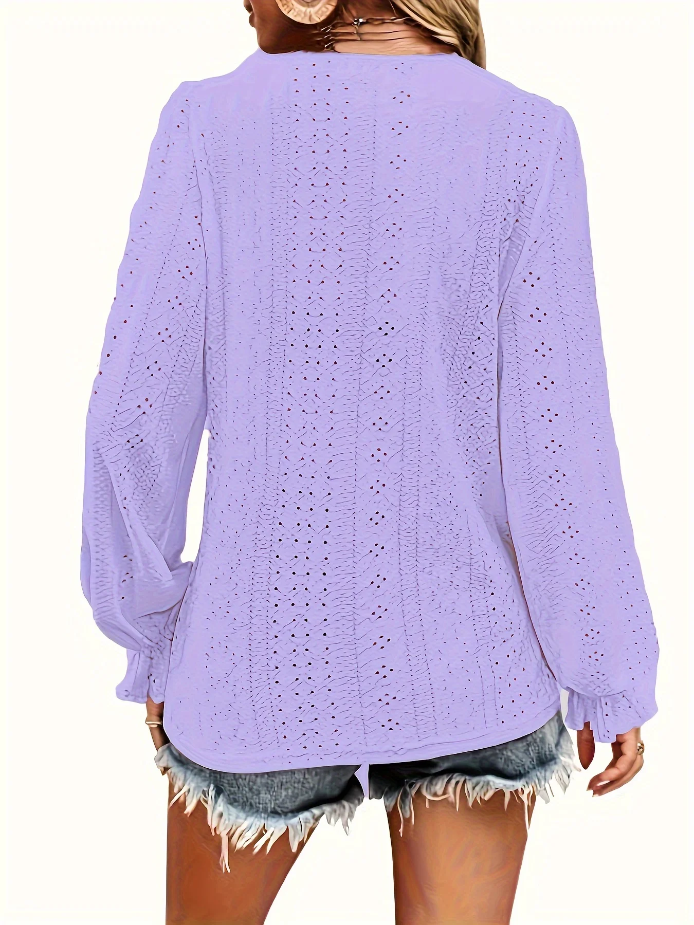 Plus Size T-Shirt mit Ösenknopf-Dekor, lässiges V-Ausschnitt-Langarm-Top für Frühling und Herbst, Damen-Kleidung in Übergröße – Detail 18