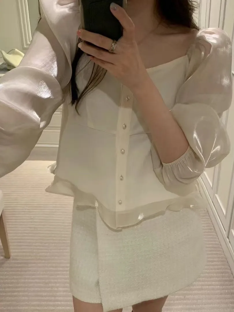 

Ele Chic Square Collar Bubble Sve irt Precise Button Lace Trim End of Year Aosphere Pearl Glitter Long Sve irt