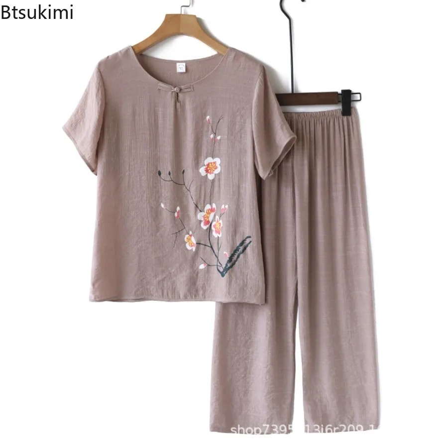 2025 delle nuove donne di mezza età estate manica corta due pezzi set pigiama da donna estivo top + pantaloni set da due pezzi pigiama homewear