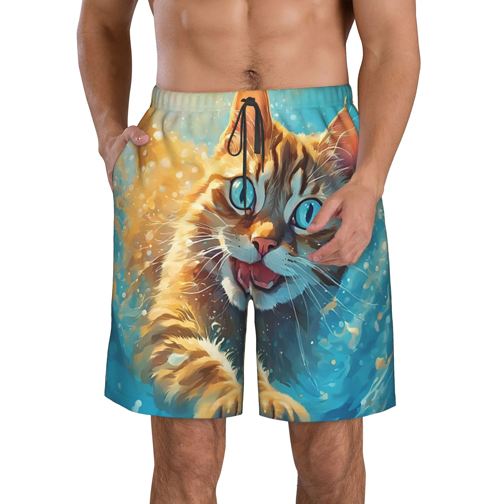 Orange Cat Swimming In The Water Trunks Beach Board Shorts Casual Quick Dry Swim Summer Men Pants