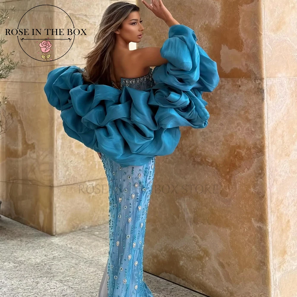 ROSEINTHEBOX カスタマイズされた華やかなティールストラップレスマーメイドイブニングドレスクリスタルフリル袖高級エレガントなパーティードレス