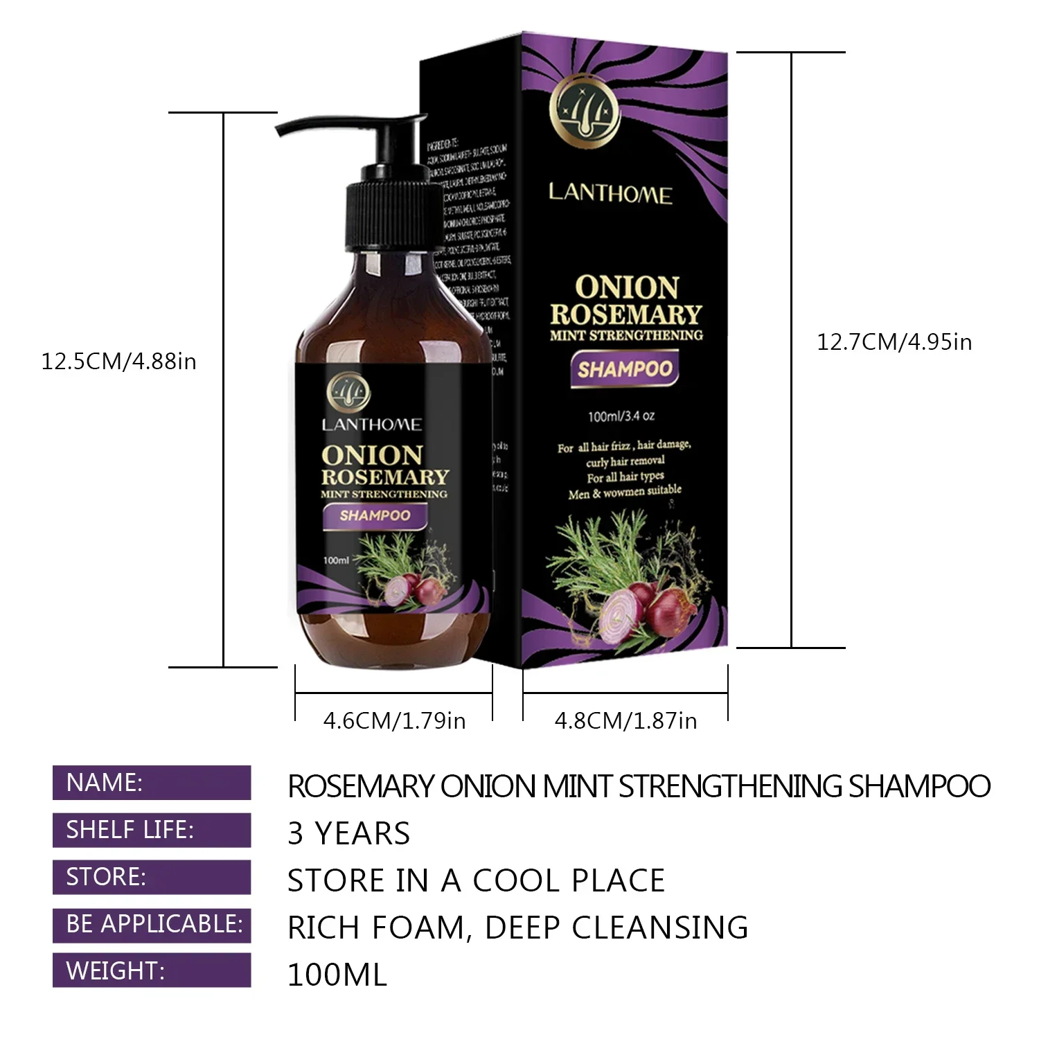 Shampoo de crescimento rápido do cabelo de alecrim, produtos anti-perda de cabelo, reparação de folículas do couro cabeludo, shampoo de recrescimento capilar de cebola para mulheres e homens