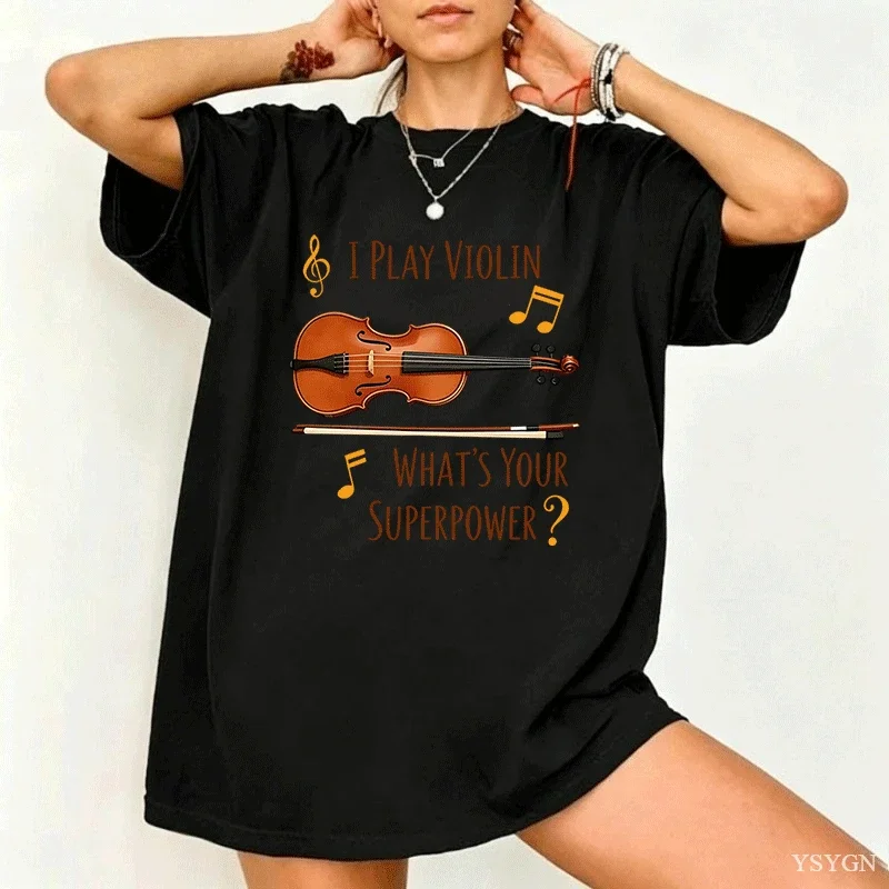 Violin Note Letter Print Women Men Y2K T Shirt Music Instrument Tee Parent Matching Casual Summer Family Daily Tops