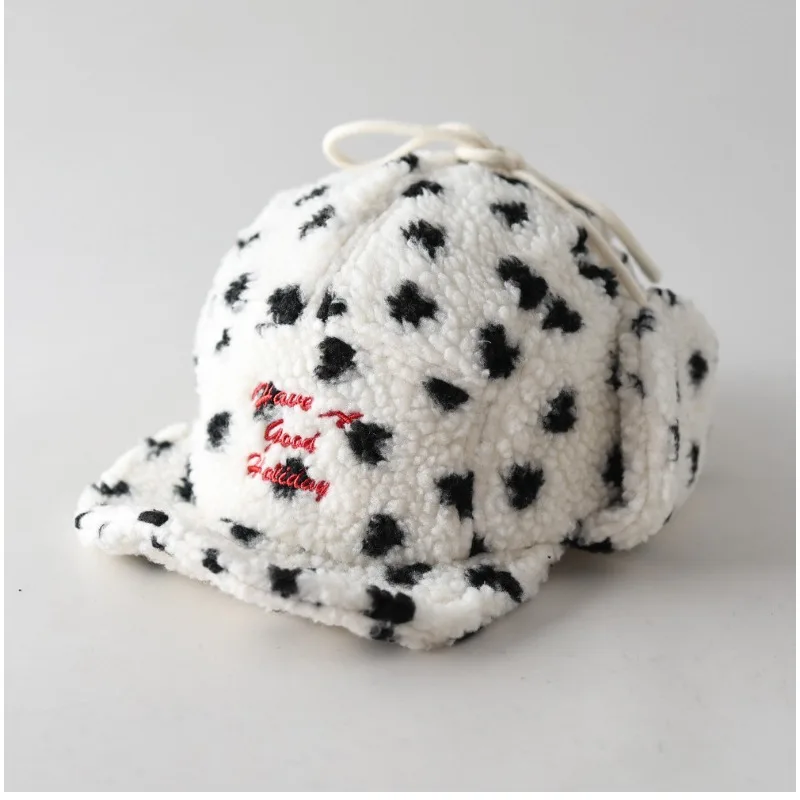Winter Faux Shearling Trapper Hat with Ear Flaps Dalmatian Spotted Fluffy Aviator Cap Embroidered Warm Winter Hat Unisex