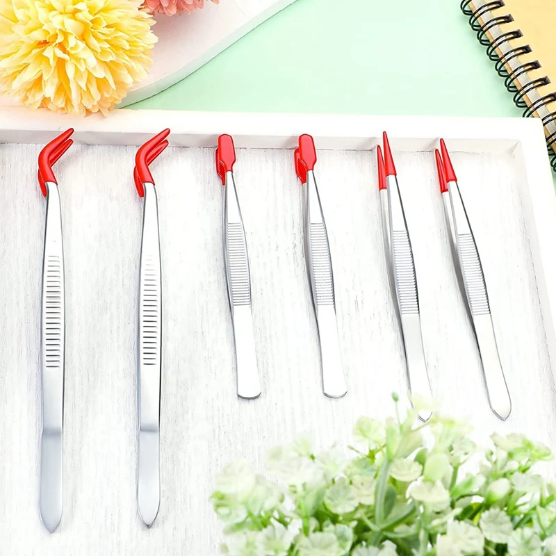Pinças de PVC macio com borracha Dicas Set, Pontas revestidas, Bent e reta, ponta plana, precisão, 6pcs