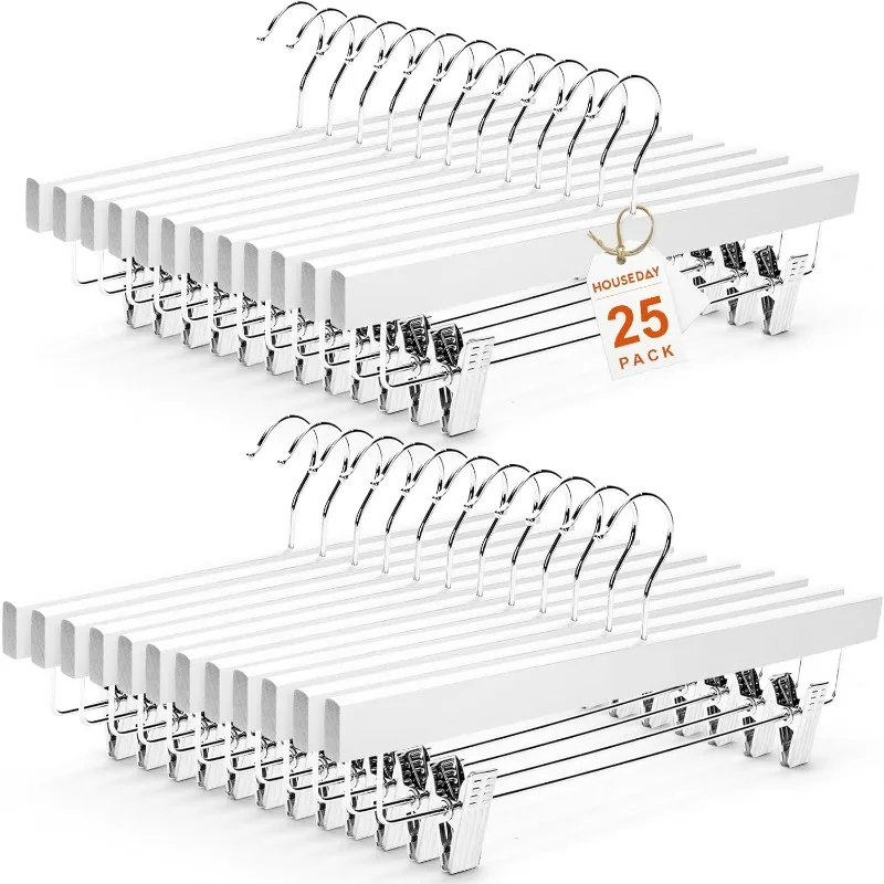 

Premium Wooden Pants Hangers 25 Pack, Solid Lotus Wood Skirt Hangers with 2-Adjustable Clips, Heavy Duty & Anti Slip Wood