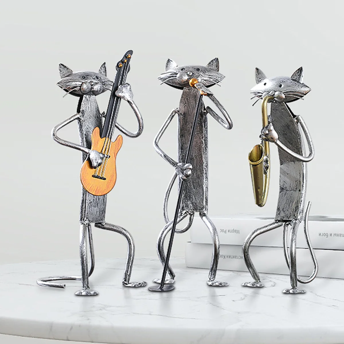 Three Little Cat Band Ornament Metal Music Desktop Decoration Originality Saxophone Guitar Gift Modern for Home