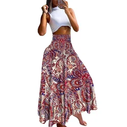 Elastic High Waist Print Boho Skirt For Women Casual Holiday Beach Dress 2024 Summer Female Sexy Strapless Long Dress