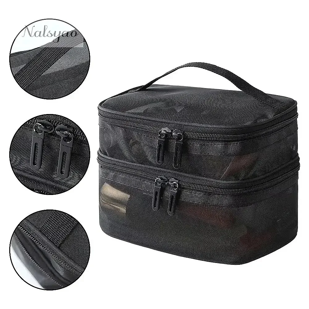 Double-Layer Handheld Mesh Storage Bag Dual Openings Large Capacity Soft Material Deformation Resistant Transparent Visible
