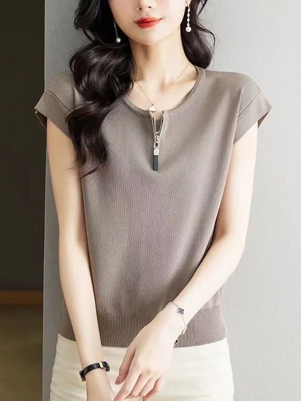 

Large Size Women's T-Shirt Summer Ice Silk Zipper Short Sleeve Belly Cover Fashionable Fake Two-Piece Korean Style Casual Wear