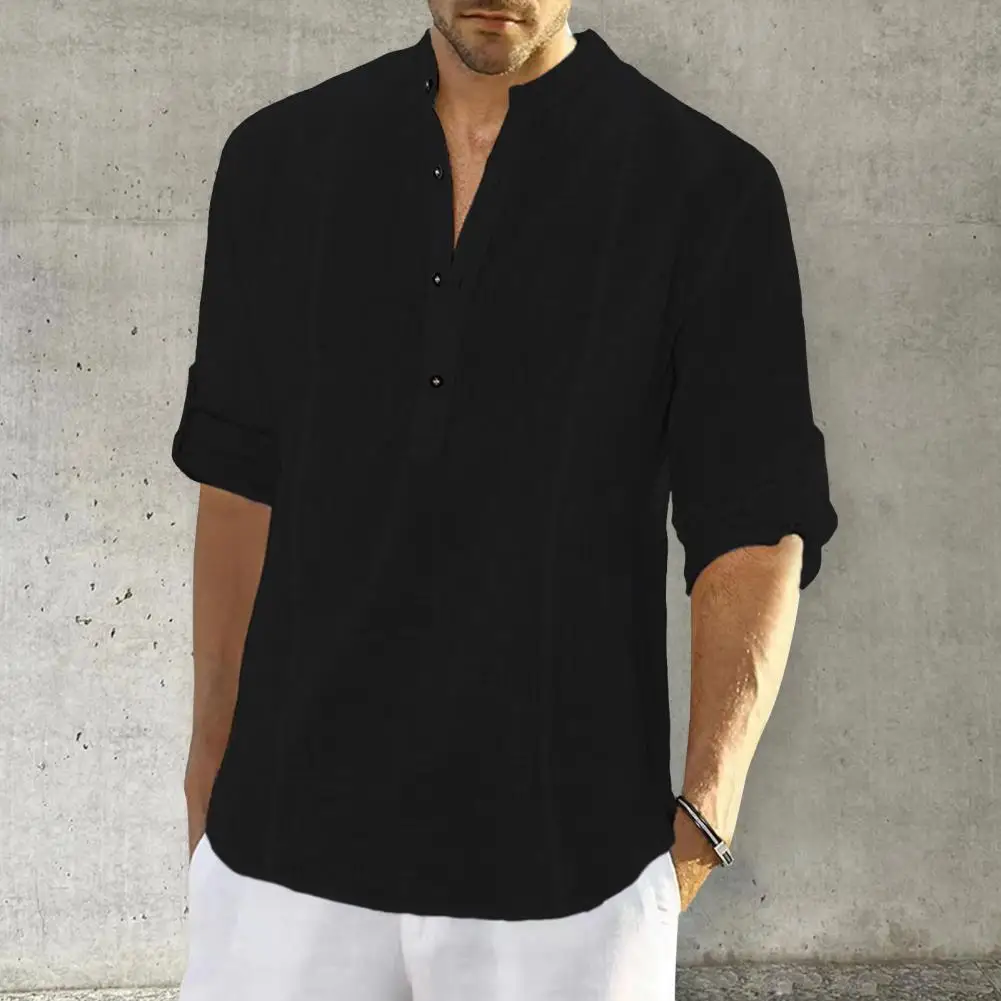 Men Summer V Neck Half Button Pullover Blouse Tops Casual Male Linen Half Sleeve Loose Blouse Shirts