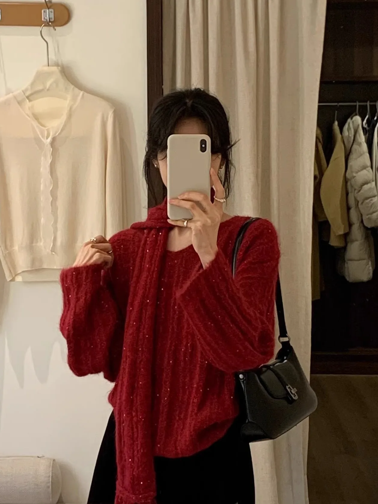 BRIIVN Korean Sle Women's Red Camel Hair Hollow out Sweater Ultra White Fine Sparkle Faionable Top for Autumn Winter