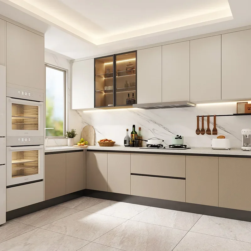 Cream wind kitchen locker storage cabinet quartz stone countertop solid wood stove can be customized color size cabinet