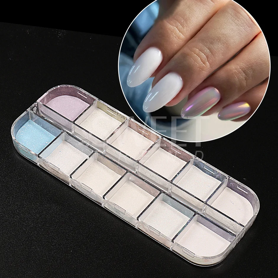 12 Grids Colorful Powder Nail Glitter Iridescent Aurora Ice Muscle Pearl Rubbing Nails Chrome Pigment Mirror Dust Manicure JIHC