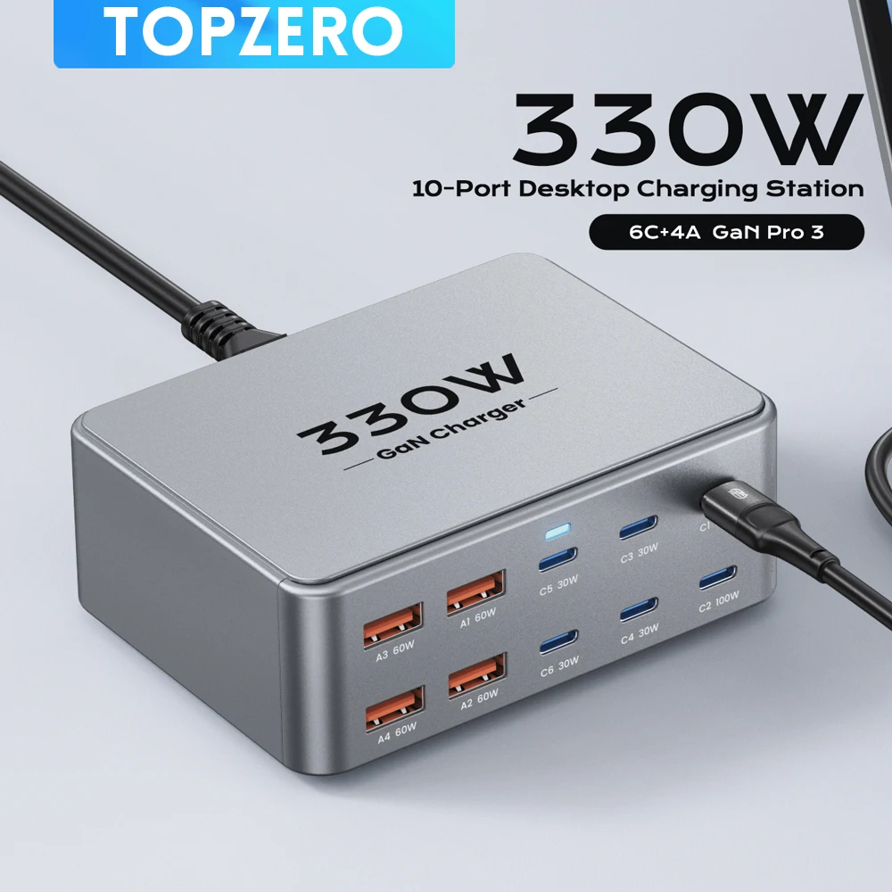 Ładowarka GaN USB C 330 W 10-portowa ładowarka biurowa typu C 100 W PD3.0 PPS QC3.0 Szybkie ładowanie do tabletów MacBook Samsung iPhone 15 16