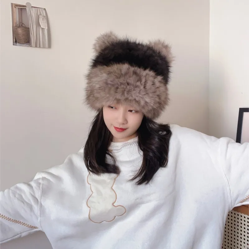 Real fur light luxury ear women warm thick hair cute little hat