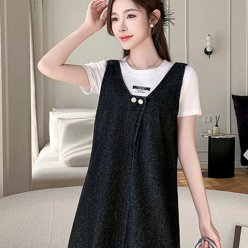 Vestido vaquero holgado informal con tirantes finos para mujer, vestido vaquero de talla grande sin mangas, pantalones vaqueros negros, bata femenina KE25