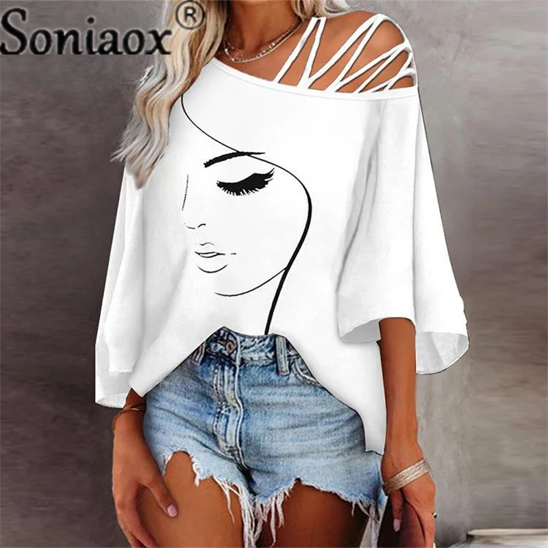 2022 Fashion Autumn Women's Sexy Diagonal Collar Off Shoulder Printed Pattern T-Shirt Hollow Casual Loose Half Sleeve New Tops